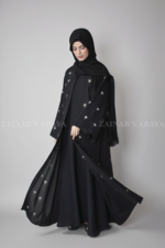 Nida Double Gown Abaya for women in Black Color with Embroidery and a matching scarf in chiffon fabric.