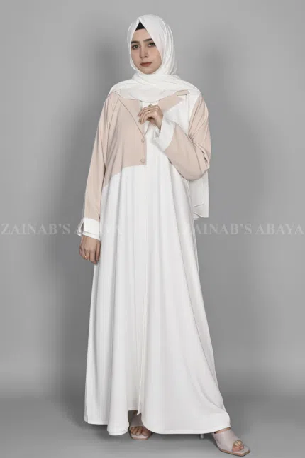 Nida Coat Style Abaya for women in Pakistan with matching scarf in chiffon fabric.