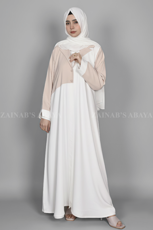 Nida Coat Style Abaya for women in Pakistan with matching scarf in chiffon fabric.