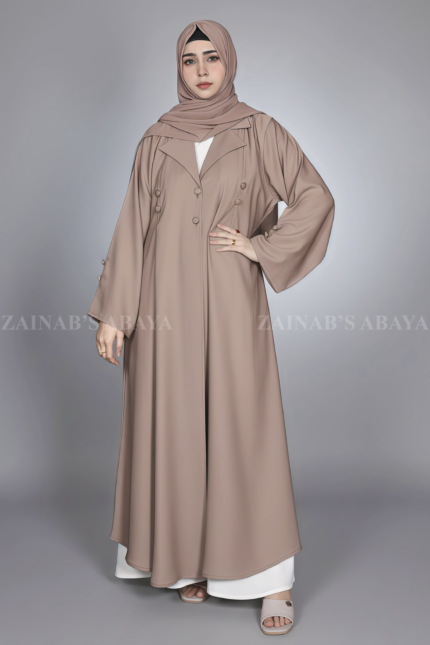 Nida Coat Style Abaya for women in Pakistan with Button Style on Front and Sleeves as well as a matching scarf in chiffon fabric.