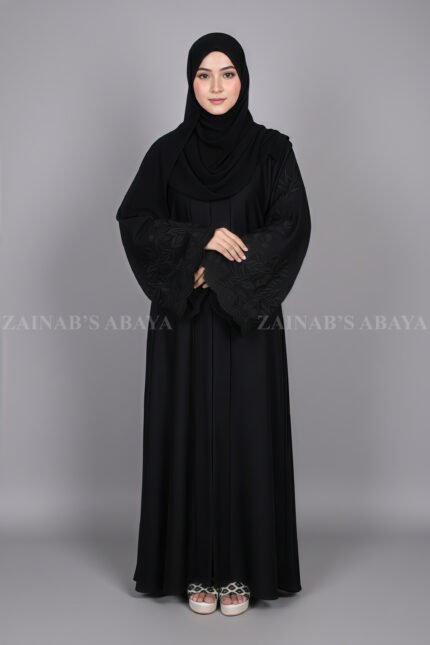 Black Front Open Abaya for women in Pakistan which is crafted with Premium Nida Korean Fabric at cheap price with a matching scarf in chiffon fabric.