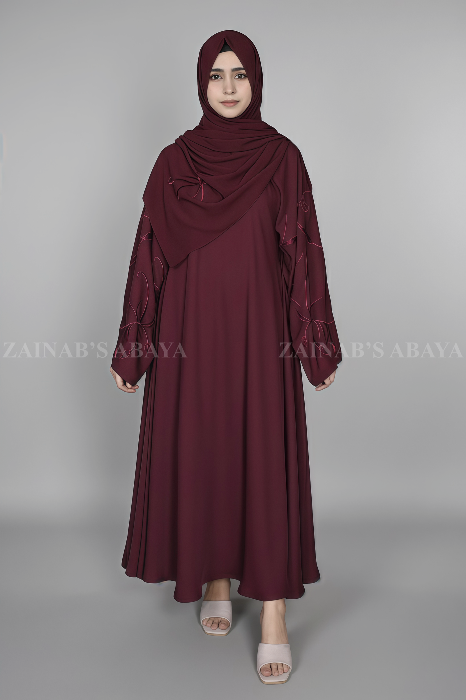 Maxi Abaya - Zainab Designer Abaya Nida Maxi Abaya for women in Pakistan with Stylish embroidered sleeves and a matching scarf.
