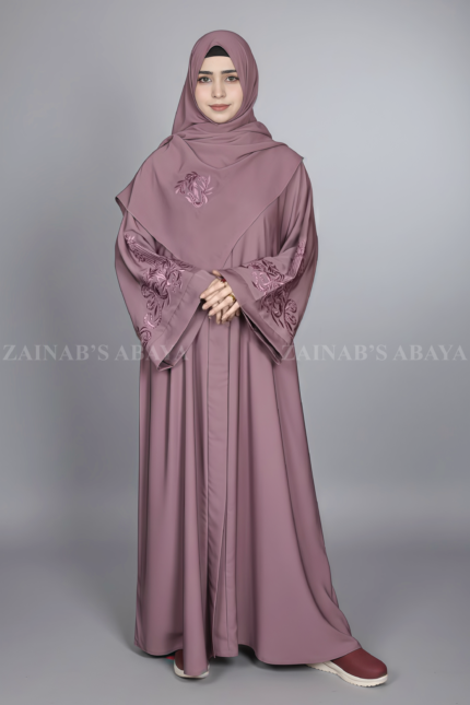 Nida Kasni Colored Front Open Abaya for women in Kasni with Embroidered Sleeves as well as a matching scarf.