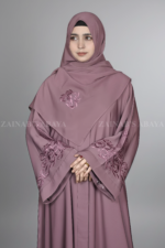 Nida Kasni Colored Front Open Abaya for women in Pakistan with Embroidered Sleeves and a matching scarf.