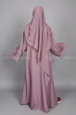 Nida Kasni Colored Front Open Abaya for women in Pakistan with embroidered sleeves as well as a matching scarf.