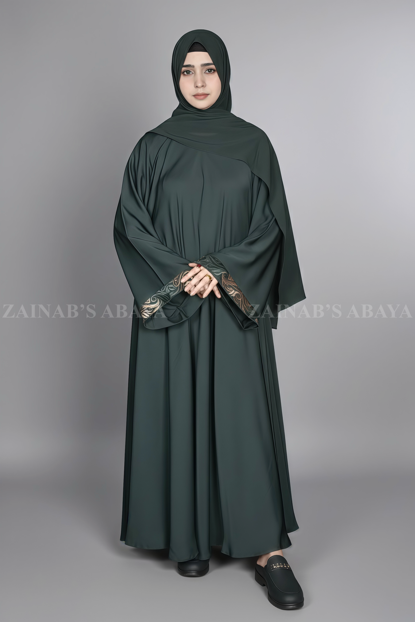 Umbrella Abaya - Zainab Designer Abaya Nida Umbrella Abaya for women in Pakistan with embroidery and comes with a scarf in chiffon fabric.
