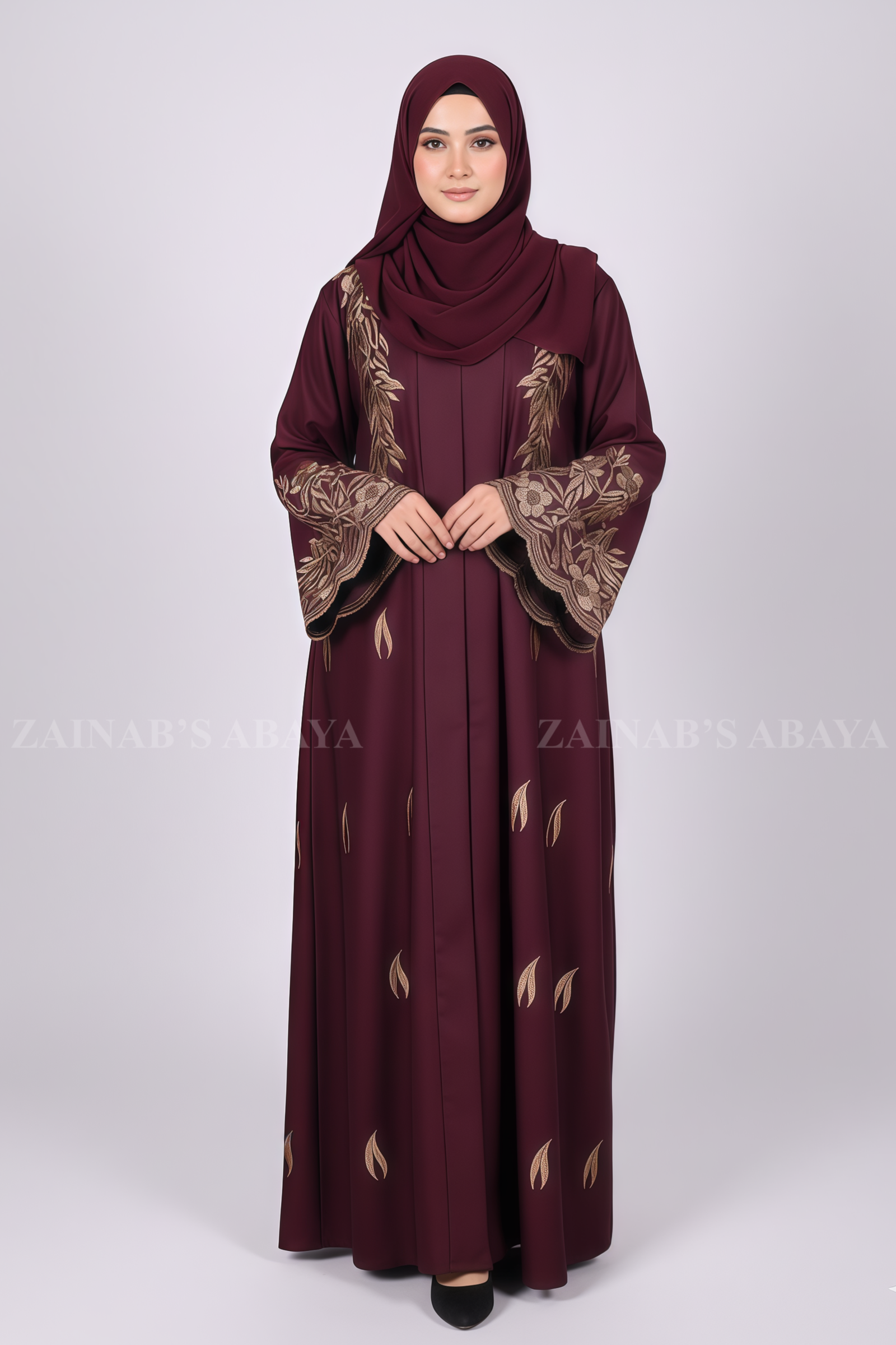 Front Open Abaya - Zainab Designer Abaya Nida Embroidered Front Open Abaya for women in Pakistan features embroidery on front and sleeves and comes with a matching scarf.