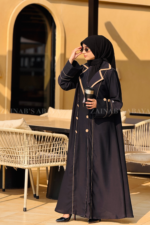 Black Coat Style Abaya with Buttons on Front & Sleeves OL-1126