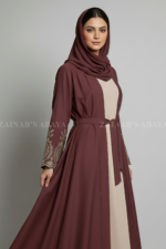 Nida Double Front Open Gown Abaya for women in Pakistan features embroidery on front back and sleeves or it comes with a matching scarf in chiffon fabric.