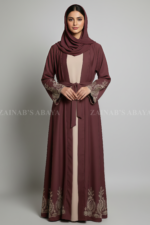 Nida Double Front Open Gown Abaya for women in Pakistan features embroidery on front back and sleeves or it comes with a matching scarf in chiffon fabric.
