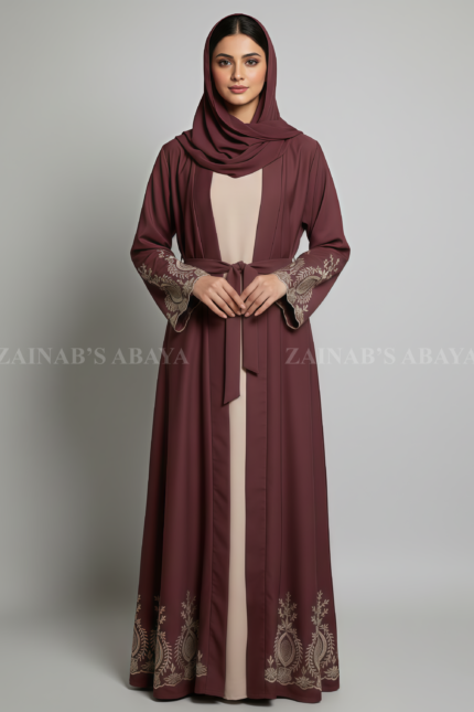 Nida Double Front Open Gown Abaya for women in Pakistan features embroidery on front back and sleeves or it comes with a matching scarf in chiffon fabric.