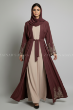 Nida Double Front Open Gown Abaya for women in Pakistan features embroidery on front back and sleeves or it comes with a matching scarf in chiffon fabric.