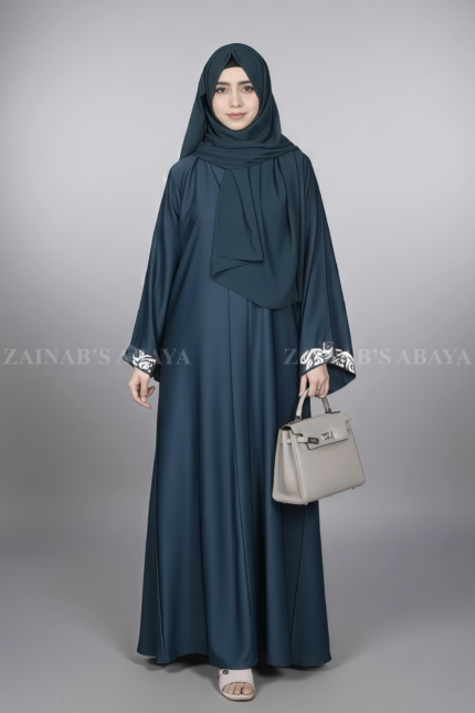 Navy Color Front Open Abaya with Stylish Embroidered Cuffs OL-1141