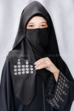 Black Front Open Abaya for women in Pakistan in Nida Fabric with a matching scarf in chiffon fabric.