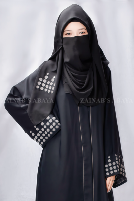 Black Front Open Abaya for women in Pakistan in Nida Fabric with a matching scarf in chiffon fabric.