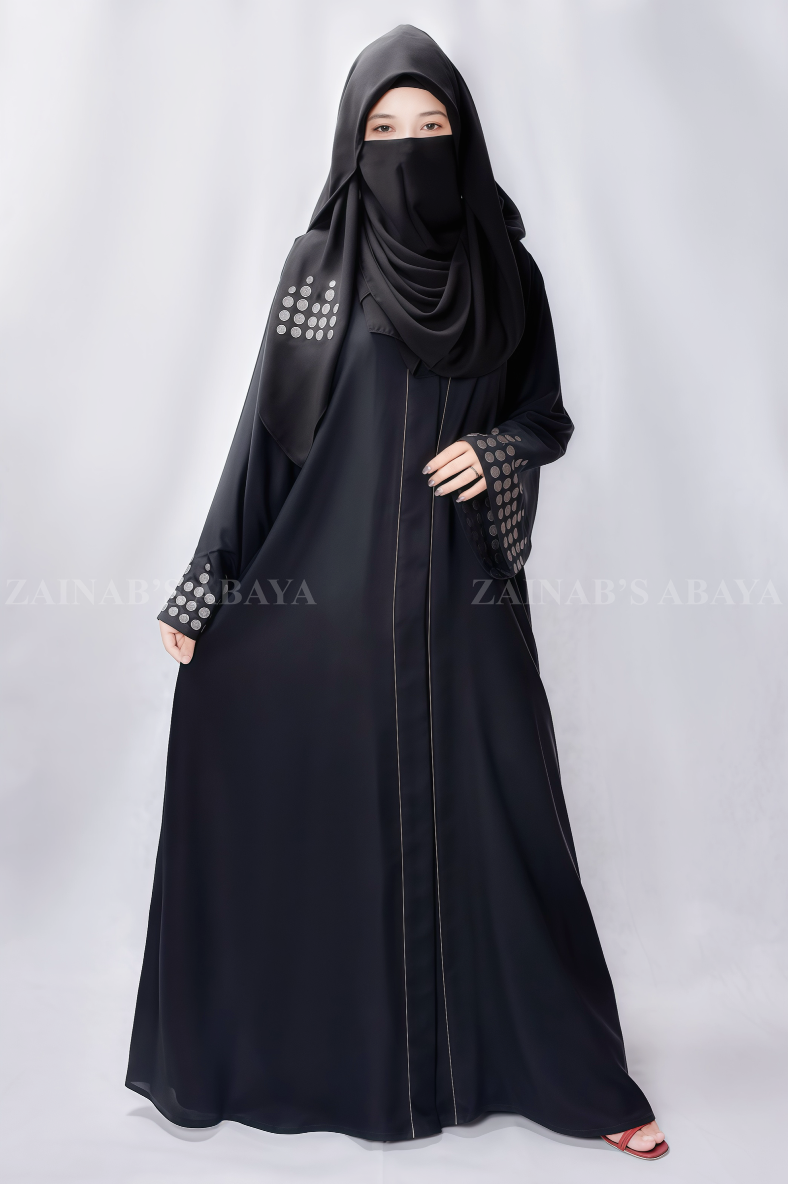 Front Open Abaya - Zainab Designer Abaya Black Front Open Abaya for women in Pakistan in Nida Fabric with a matching scarf in chiffon fabric.