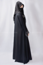 Black Front Open Abaya for women in Pakistan in Nida Fabric with a matching scarf in chiffon fabric.