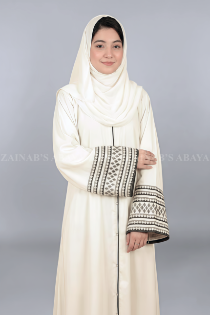 Nida Gown Abaya for women in Pakistan with Embroidered Sleeves and a matching scarf.