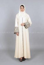Nida Gown Abaya for women in Pakistan with stylish embroidered sleeves and a matching scarf in chiffon fabric.