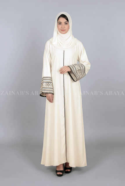 Nida Gown Abaya for women in Pakistan with stylish embroidered sleeves and a matching scarf in chiffon fabric.