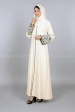 Nida Gown Abaya for women in Pakistan with Embroidered Sleeves or matching scarf in chiffon fabric.