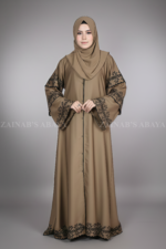 Nida color front open gown abaya with 3 layers of embroidery on the arms and bottom, offering a stylish and elegant design.