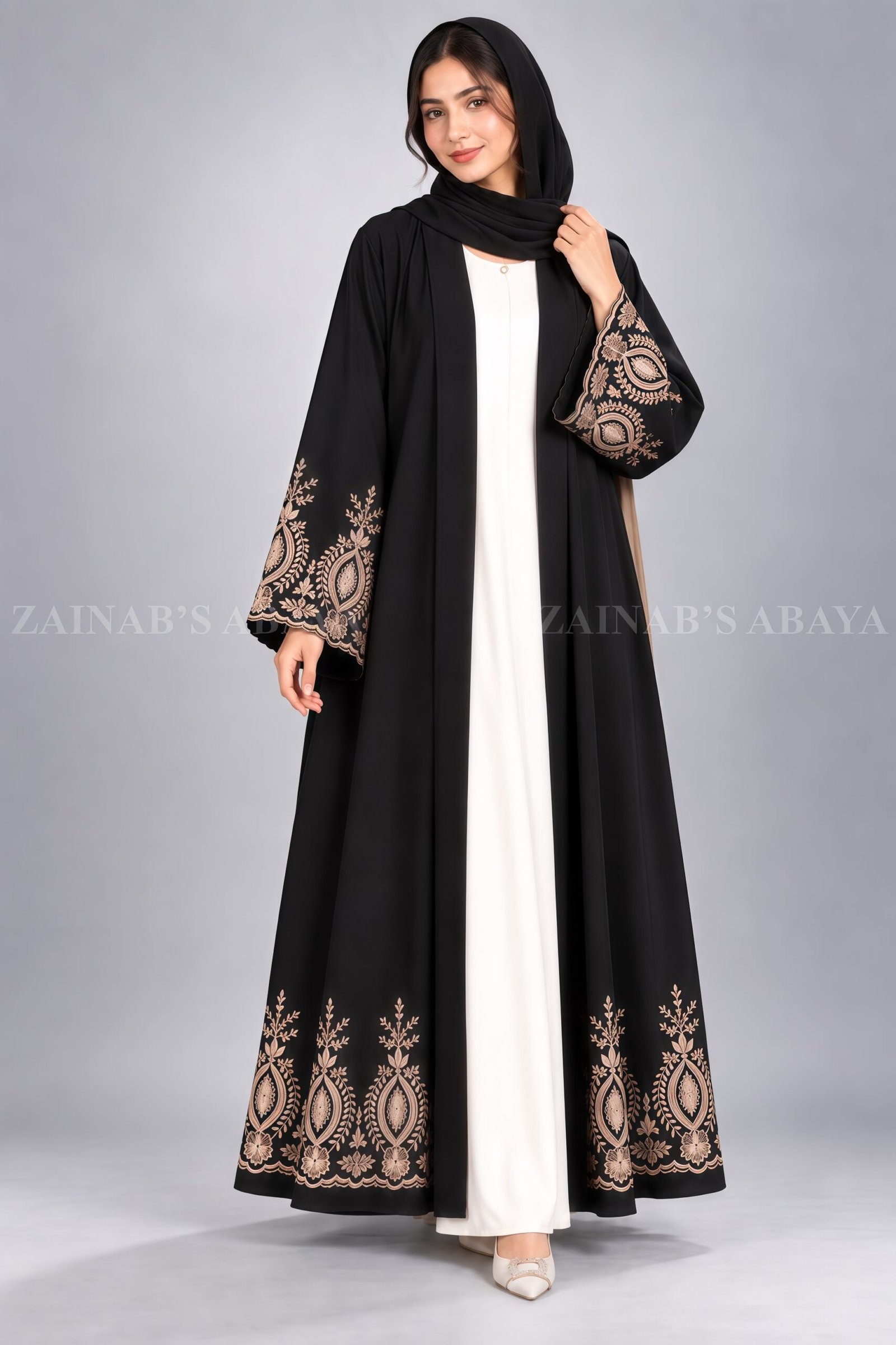 IMG_8537 Nida Double Front Open Gown Abaya With Embroidery – 0857 - Image 1