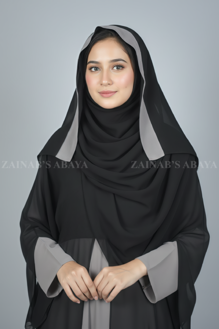Dual Layers Umbrella Abaya for women in Pakistan with Inner in Nida Korean Fabric and Outer in Chiffon Fabric as well a matching chiffon scarf.