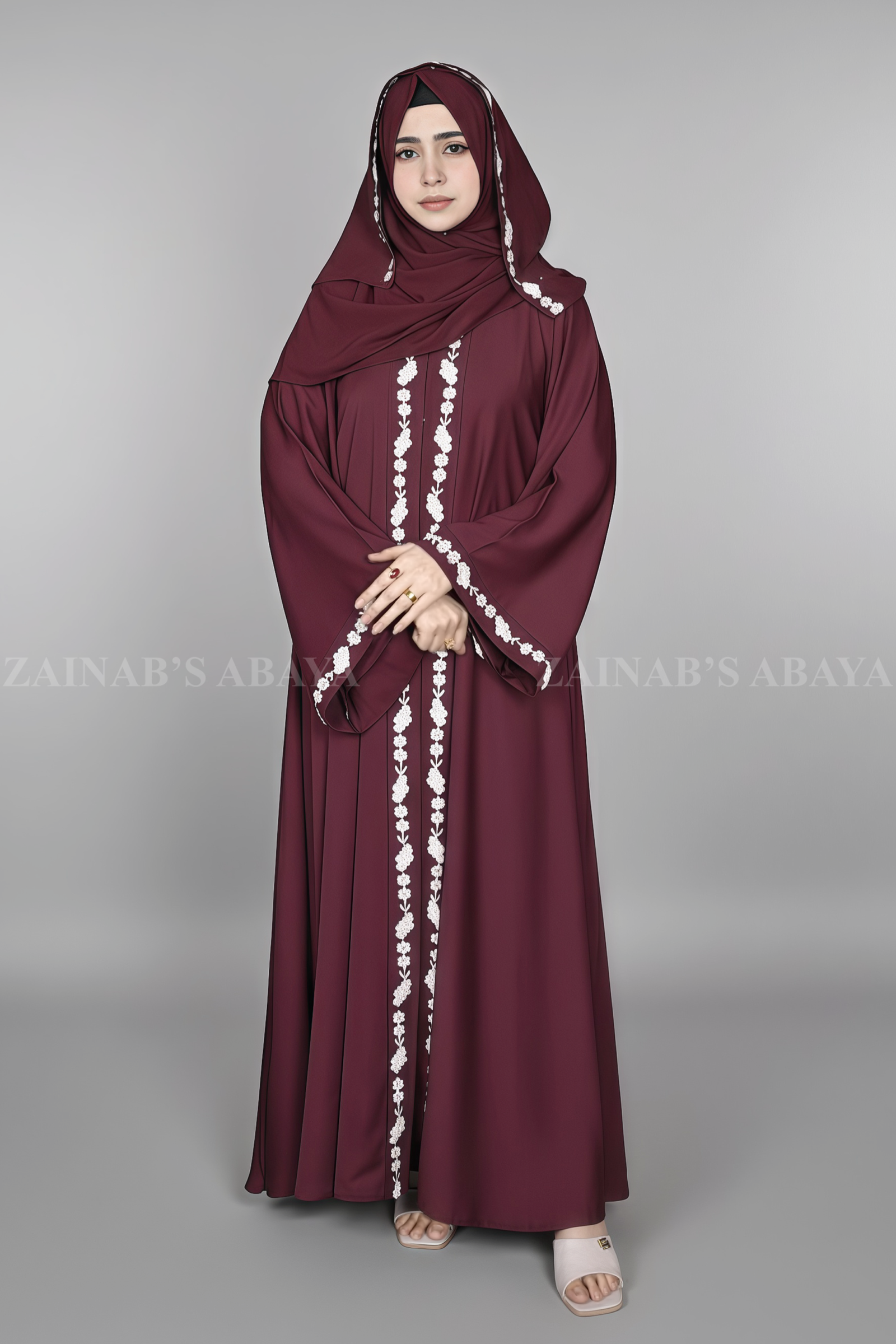 Umbrella Abaya - Zainab Designer Abaya Nida Umbrella Abaya for women in Pakistan in Front open style features embroidery and comes with a matching scarf in chiffon fabric.