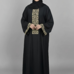 Black Maxi Abaya for Women in Pakistan with Embroidery on Front and Sleeve Cuffs comes with matching scarf in chiffon fabric.