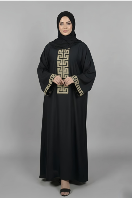 Black Maxi Abaya for Women in Pakistan with Embroidery on Front and Sleeve Cuffs comes with matching scarf in chiffon fabric.