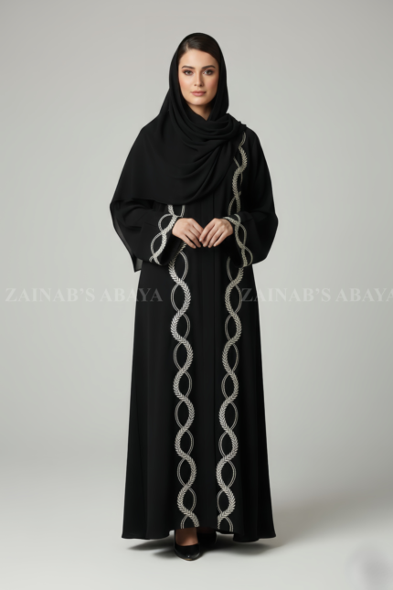 Nida Black Embroidered Front Open Abaya for Women in Pakistan