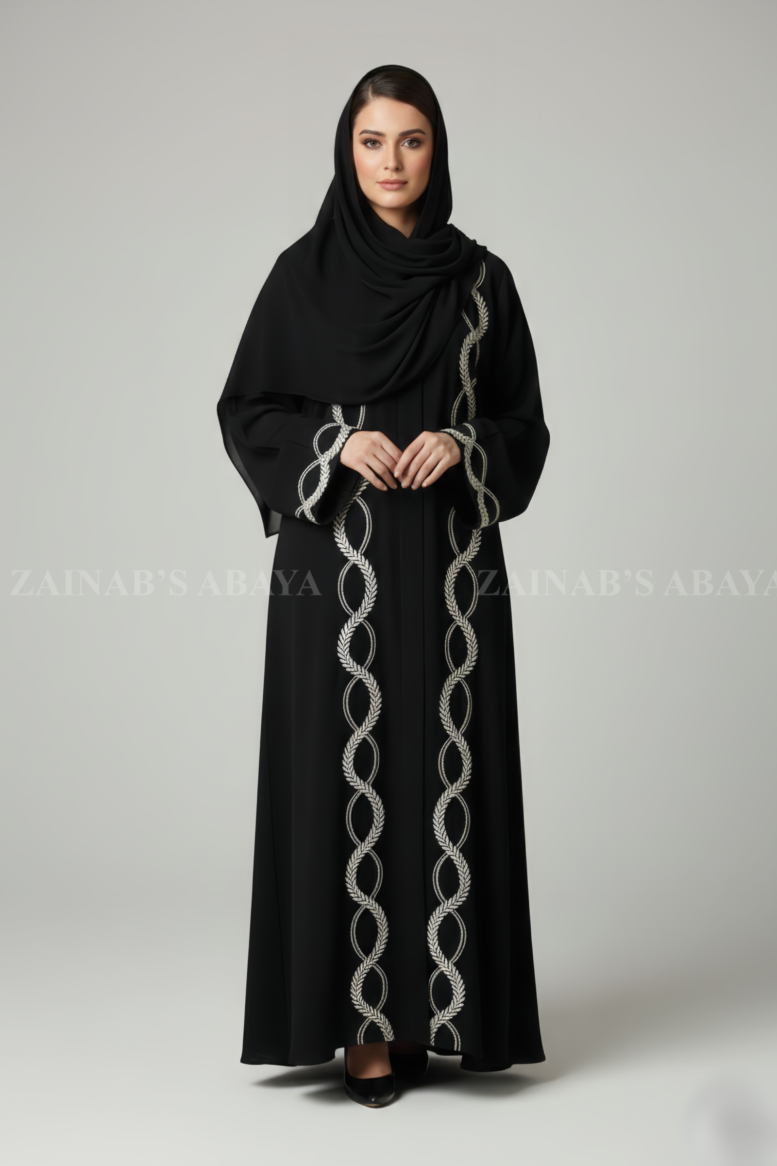 Front Open Abaya - Zainab Designer Abaya Nida Black Embroidered Front Open Abaya for Women in Pakistan