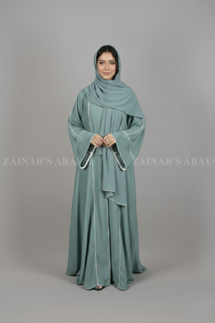 Nida Front Open Abaya for women in Pakistan with Piping on Front and Sleeves and a matching scarf.