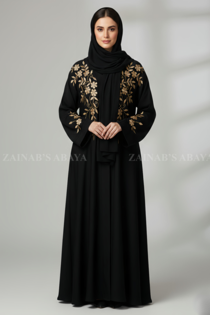 Nida Front Open Abaya for women in Pakistan with Embroidery on Front and Sleeves as well as a matching scarf in chiffon fabric.