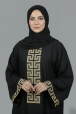 Black Maxi Abaya for Women in Pakistan with Embroidery on Front and Sleeve Cuffs comes with matching scarf in chiffon fabric.