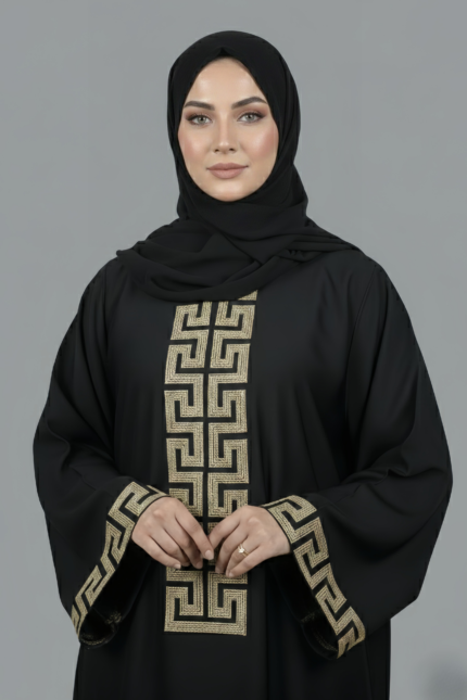 Black Maxi Abaya for Women in Pakistan with Embroidery on Front and Sleeve Cuffs comes with matching scarf in chiffon fabric.
