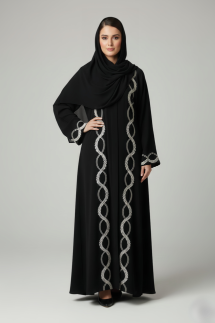 Nida Black Embroidered Front Open Abaya for women in Pakistan