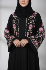 Nida Black Maxi Abaya for women in Pakistan featuring the elegant embroidery on front both sides or sleeves comes with matching scarf in chiffon fabric.