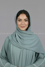 Nida Front Open Abaya for women in Pakistan with Piping on Front and Sleeves and a matching scarf.