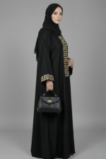 Black Maxi Abaya for Women in Pakistan with Embroidery on Front and Sleeve Cuffs comes with matching scarf in chiffon fabric.