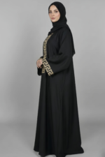 Black Maxi Abaya for Women in Pakistan with Embroidery on Front and Sleeve Cuffs comes with matching scarf in chiffon fabric.