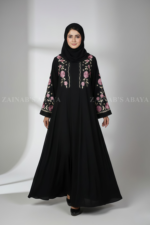 Nida Black Maxi Abaya for women in Pakistan featuring the elegant embroidery on front both sides or sleeves comes with matching scarf in chiffon fabric.