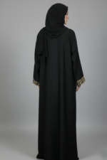 Black Maxi Abaya for Women in Pakistan with Embroidery on Front and Sleeve Cuffs comes with matching scarf in chiffon fabric.