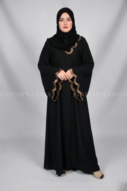Front open gown abaya in Nida fabric with intricate embroidery, offering a modest and elegant design.