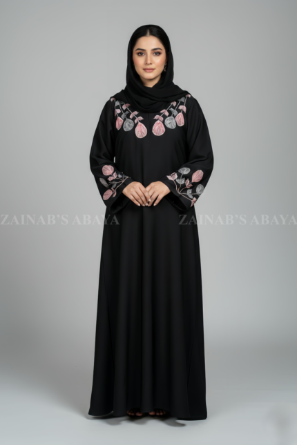 Nida Black Maxi Abaya for women in Pakistan with stylish embroidery