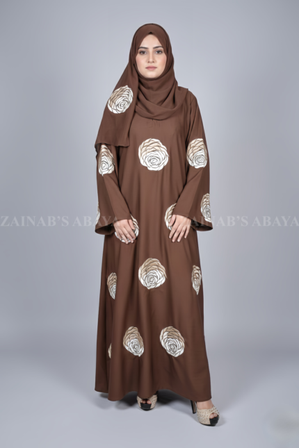 Nida Maxi Abaya for Women in Pakistan with floral embroidery and a matching scarf