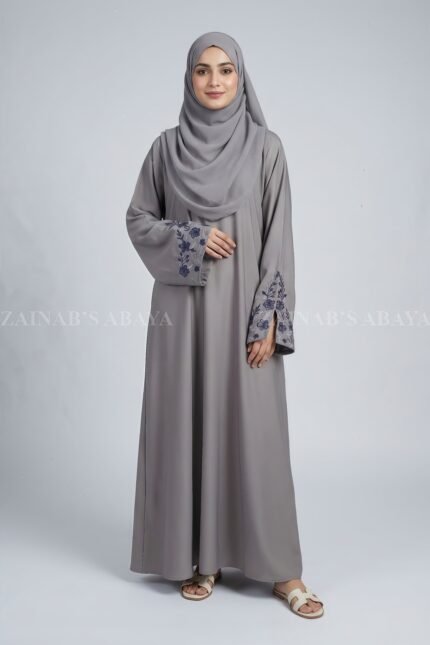 Nida Light Grey Embroidered Maxi Abaya OL-1150