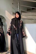 Black Color Front Open Abaya with Embroidery on Front and Sleeves 0261