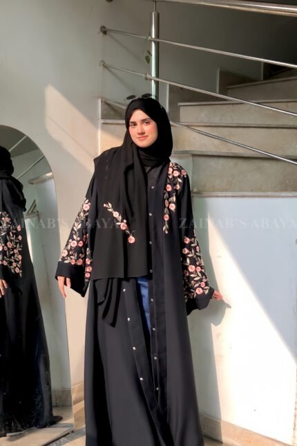 Black Color Front Open Abaya with Embroidery on Front and Sleeves 0261